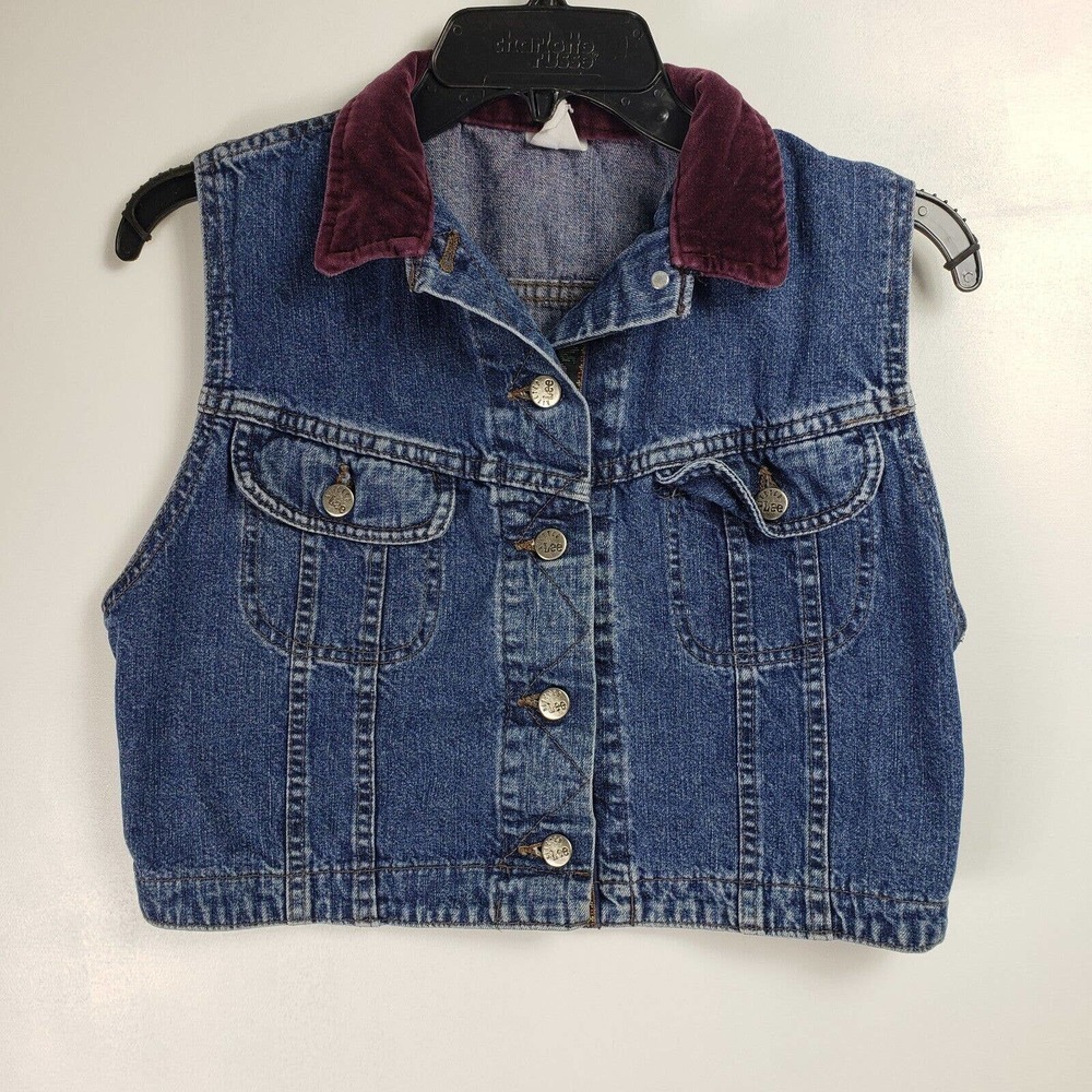 Lee Riveted Vest Womens Size M Blue Cotton Denim Crop Fleece Collar Button Down